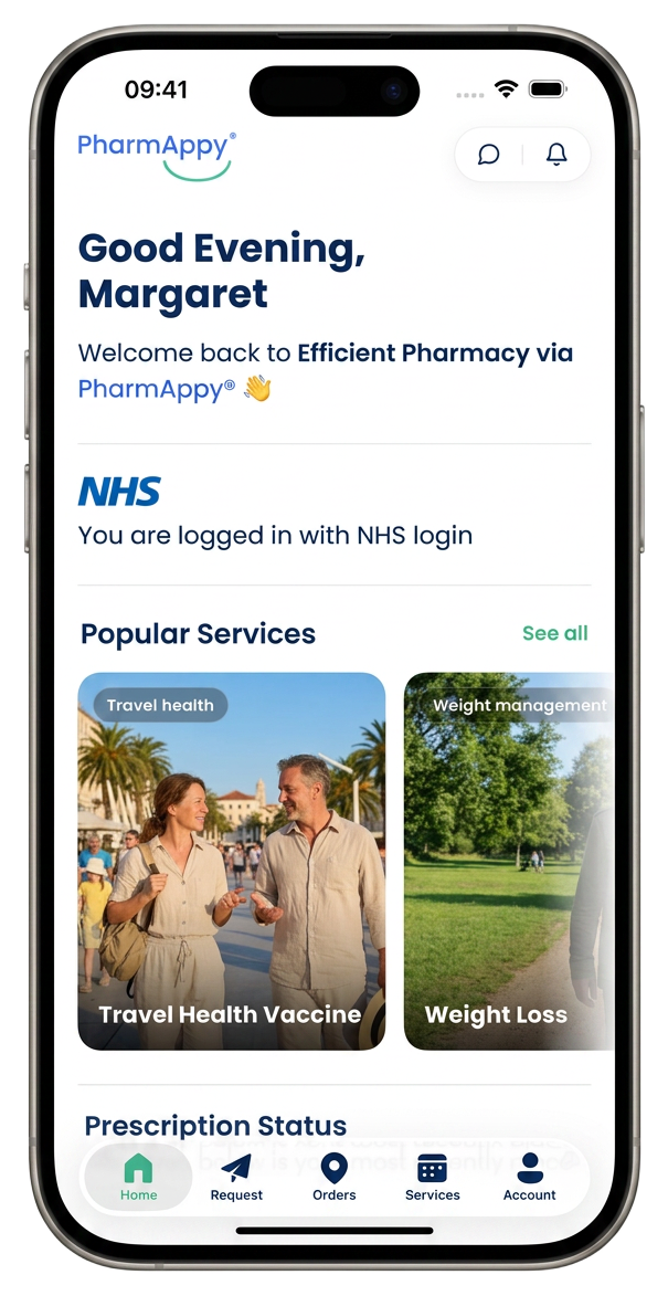 PharmAppy app on iPhone showing prescription services