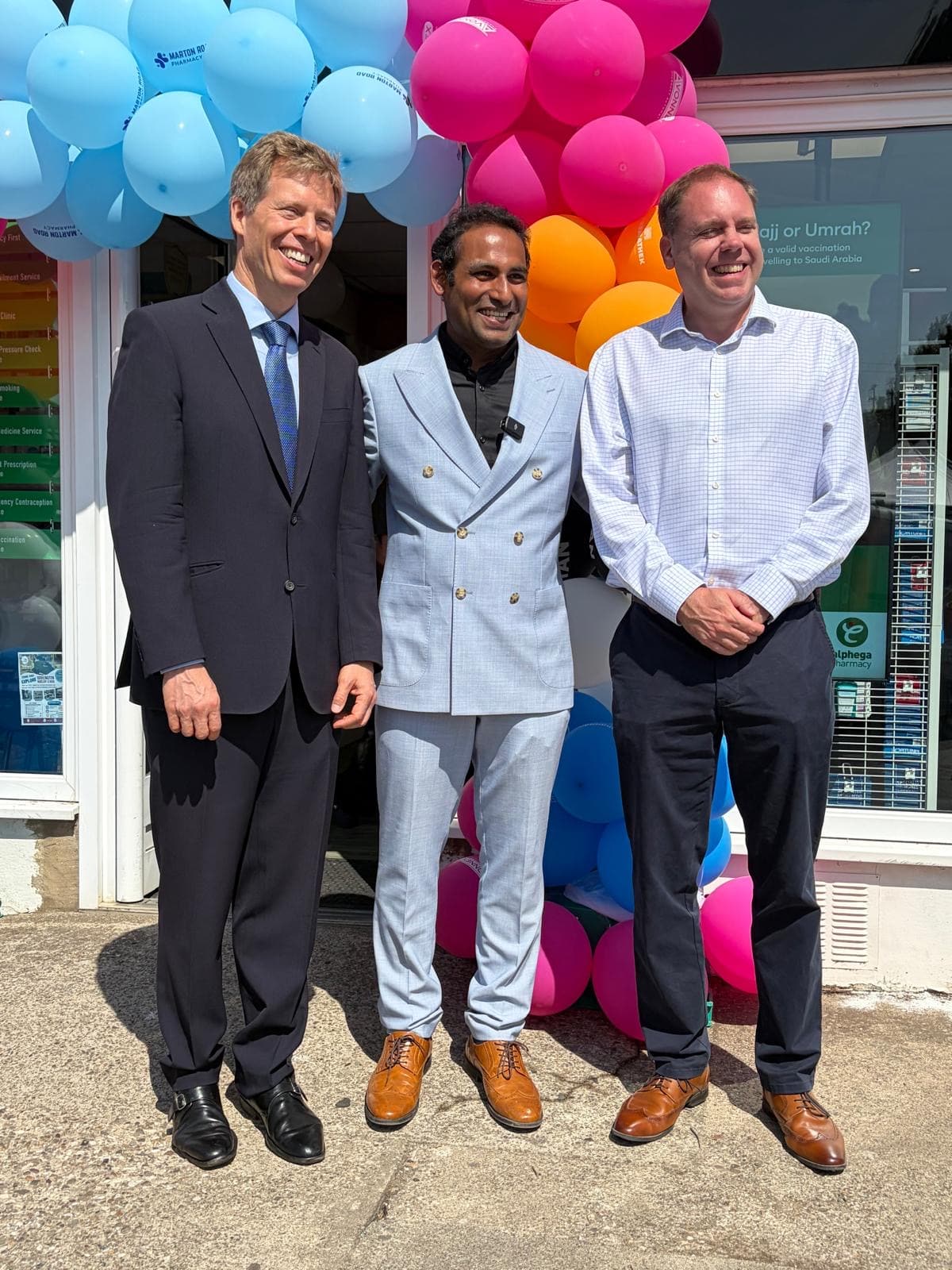 Charlie Dewhirst MP, Jaya and Prince Alexander von Liechtenstein at the Marton Road Pharmacy open day