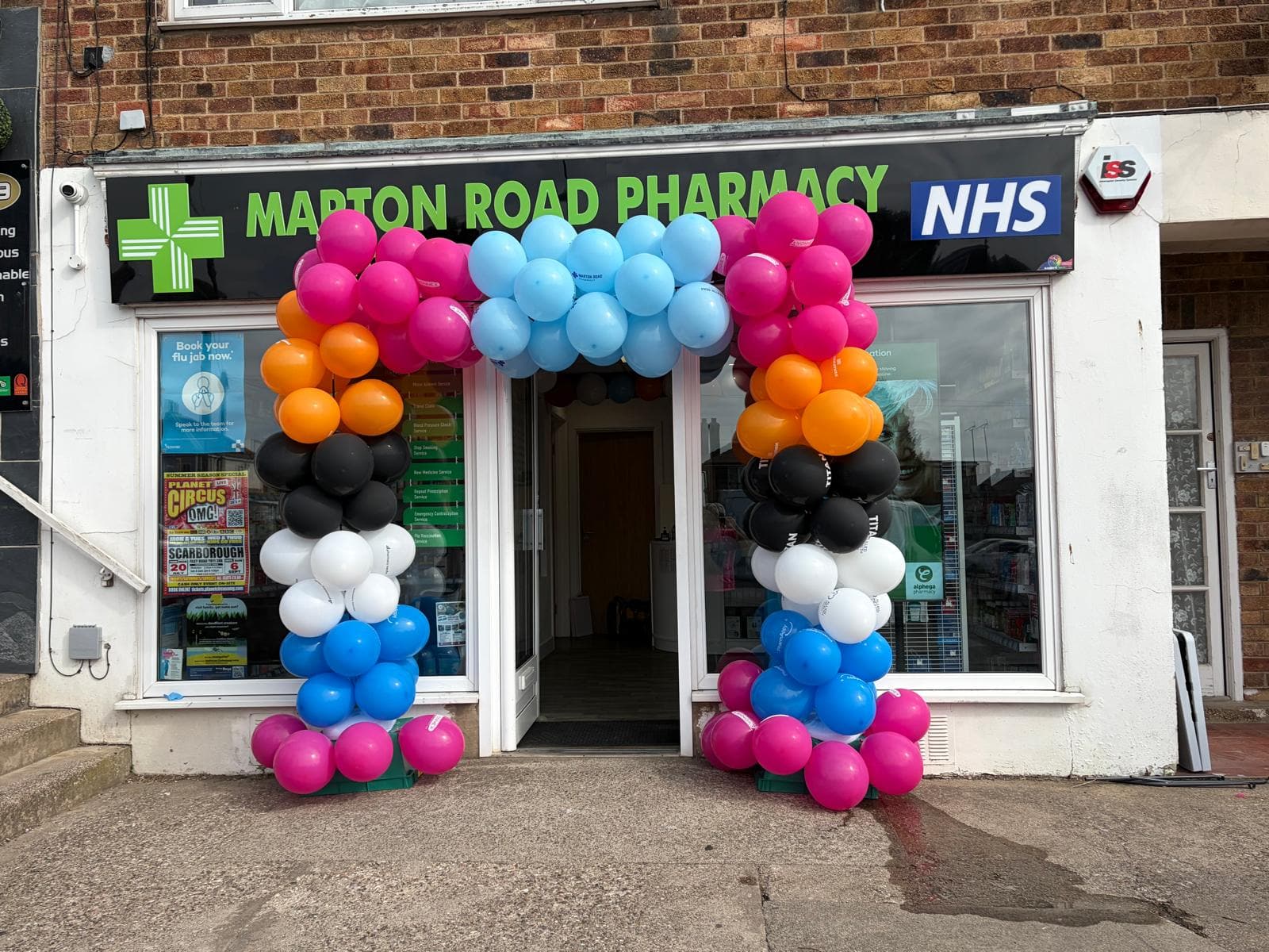 Balloon arch outside Marton Road Pharmacy on open day